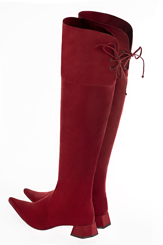 Burgundy red women's leather thigh-high boots. Pointed toe. Low flare heels. Made to measure. Rear view - Florence KOOIJMAN